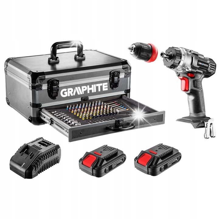 Graphite Energy+ fúró-csavarozó készlet 2x18V 2.0Ah 10mm 109 tartozék alumínium tokban