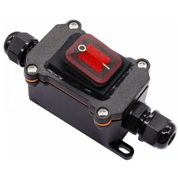 Comutator integrat flexibil, IP65, negru-rosu, 16A 250VAC, 2 pozitii, 4 terminale, LED rosu