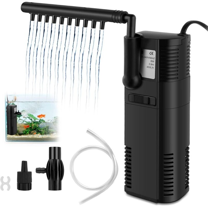 Filtru intern pentru acvariu, pompa interna, 450 L/h, 6W, pentru acvarii pana la 60 L, cu burete filtrant si carbune activ, ventuze incluse, Negru, 1 buc