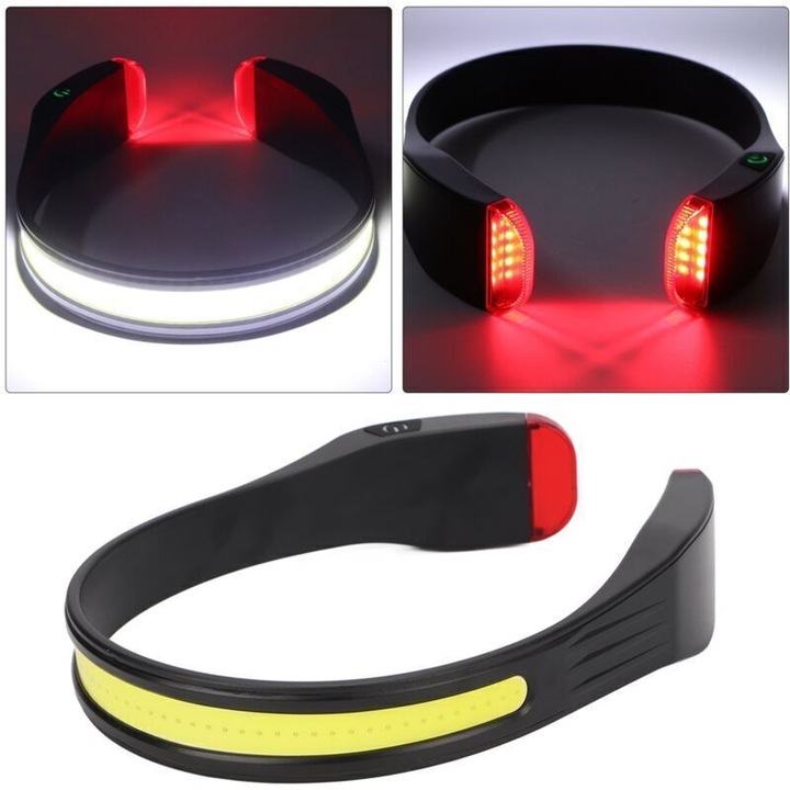 LED челник, акумулаторна COB челна лампа с червена светлина и 2x5 LED, IPX4 водоустойчива, USB-C 1200 mAh, Черен, 1 бр