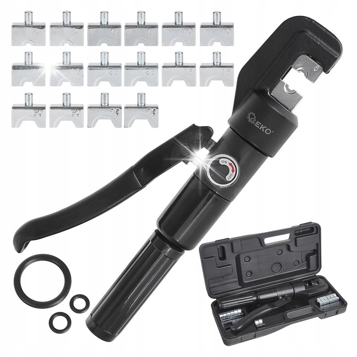 Geko hidraulikus kábelprés 6T 4-70mm2, 14 matricával, acél, szállítótáska