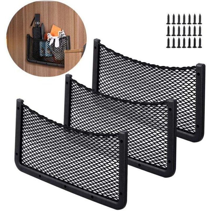 Autó rendező háló / tároló háló 40x20 cm, rugalmas nylon és PP anyagból, 3 darabos szett 21 csavarral együtt, fekete