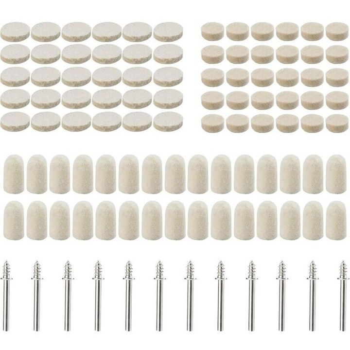 Set tampoane din fetru de lana pentru lustruire, forme si dimensiuni variate 10/13/25 mm, compatibile cu Dremel, include 12 tije metalice mandrina, cutie transparenta, bej, 102 buc