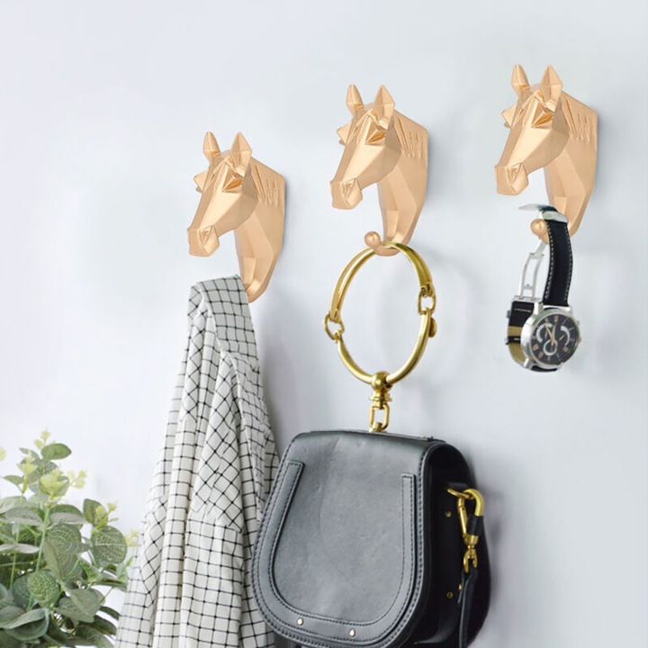 Cuier de perete Horse, din rasina ecologica, cuier/carlig decorativ pentru prosoape, haine si chei, montare cu surub/adeziv/pe cuie, auriu, 3.6x7.5x11.5 cm