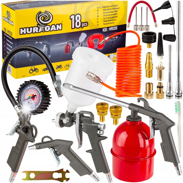 Huragan M90350 pneumatikus készlet kompresszorhoz, nyomásmérős pumpapisztoly, 600 ml-es festékszóró pisztoly, 5 m-es spiráltömlő, Többszínű, 22 darab
