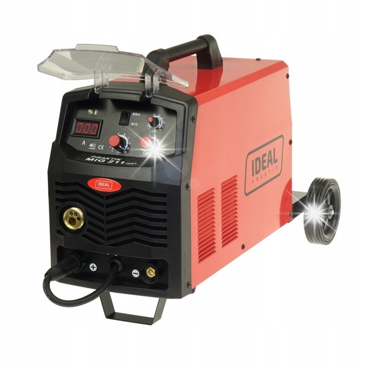 IDEAL Praktik MIG 211 hegesztőgép, digitális inverteres MIG/MAG, MMA, FLUX, induktivitás szabályozás, ventilátoros hűtés, piros/fekete