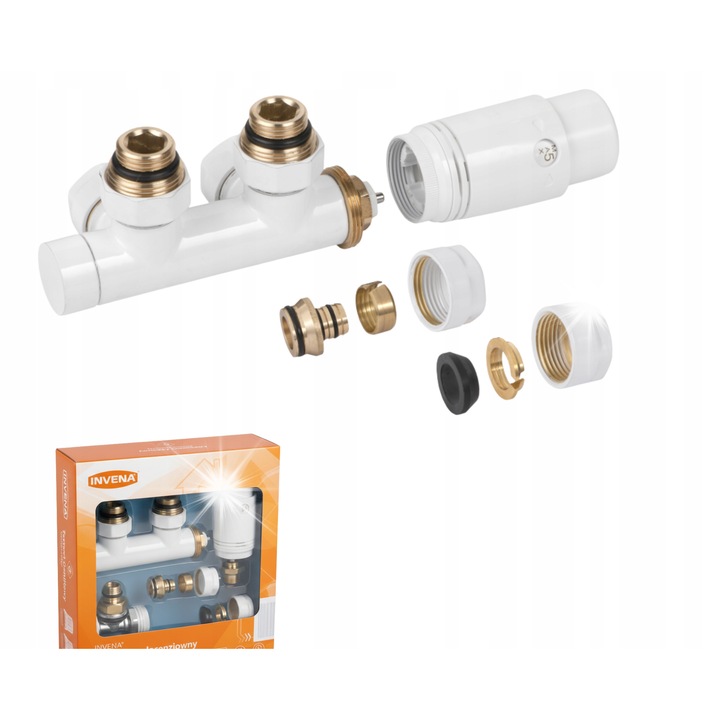 Invena Duplex termosztatikus radiátorszelep, megfordítható termosztatikus fej, összeszerelve, PEX kompatibilis, fehér, 1 szett