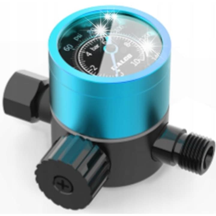 Regulator presiune Italco AR-One, reductor pentru pistol de vopsit, cu manometru pentru montaj pe maner, metal, debit mare, rezistent la solventi, albastru, 10 bar