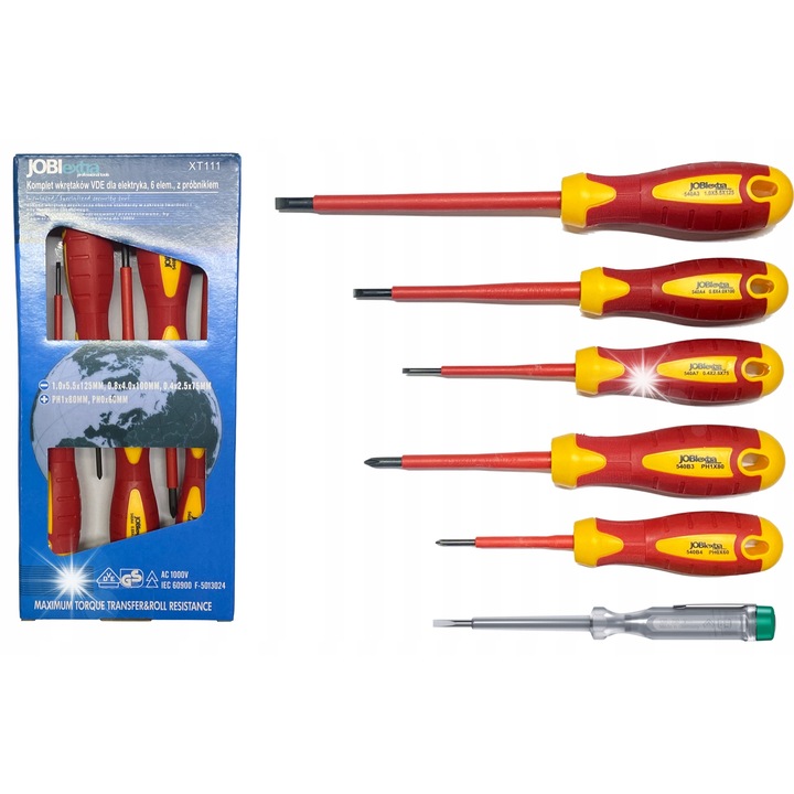 JOBIextra XT111 szigetelt VDE csavarhúzó készlet, 1000V szigetelés, 140mm teszterrel, piros/sárga, 6 db
