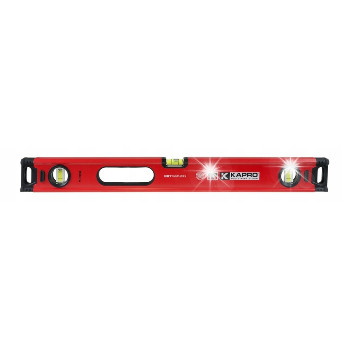 Kapro Saturn 987 KA987XL-41-60 vízmérték/szintező, 3 ütésálló akril fiola, 0,5 mm/m pontosság, gumírozott fogantyú, Piros, 60 cm