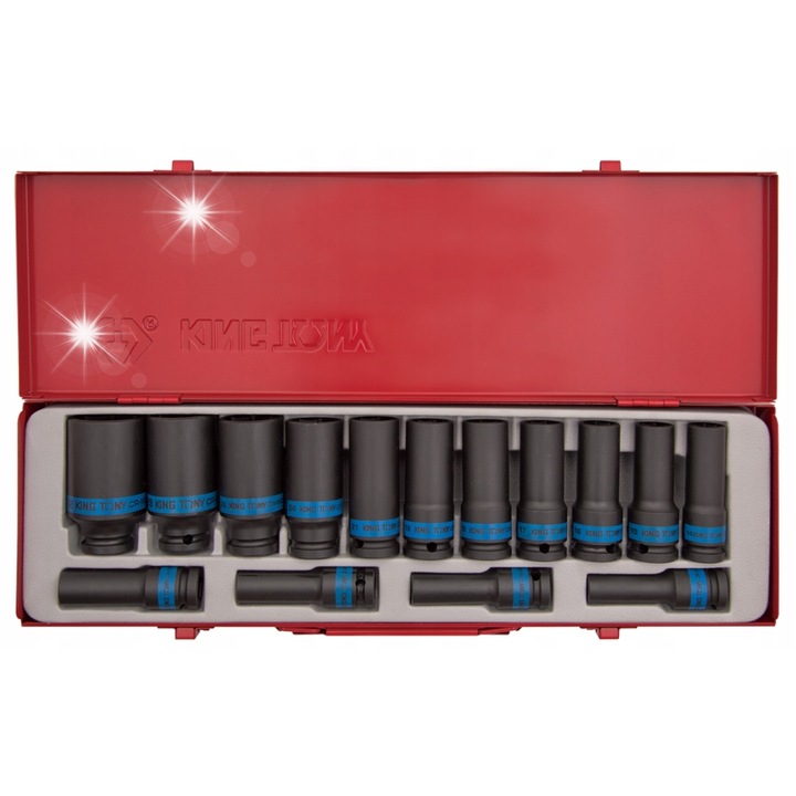 Set chei tubulare impact King Tony 12 colturi lungi 15 piese 10-32mm in cutie metalica 445x135x50mm