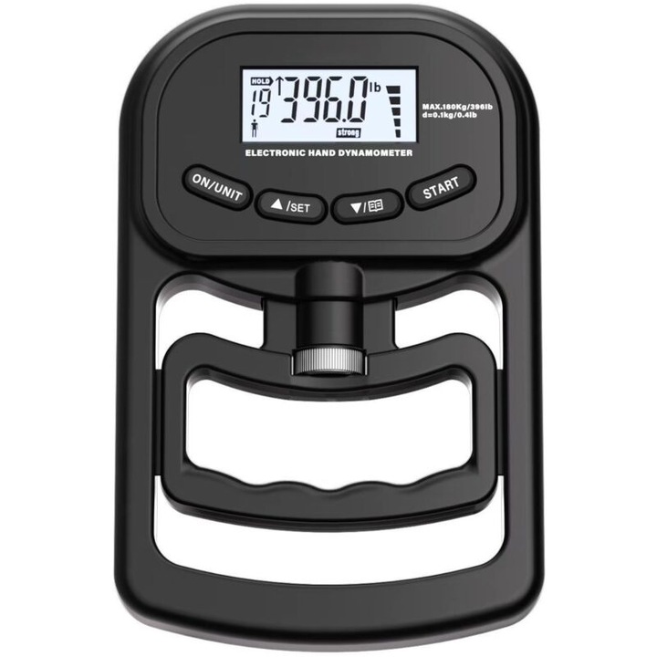 Dinamometru digital de mana tester forta prindere, reincarcabil, capacitate maxima 180 kg, ecran LCD, memorie 19 utilizatori, USB-C, Negru, 1 buc