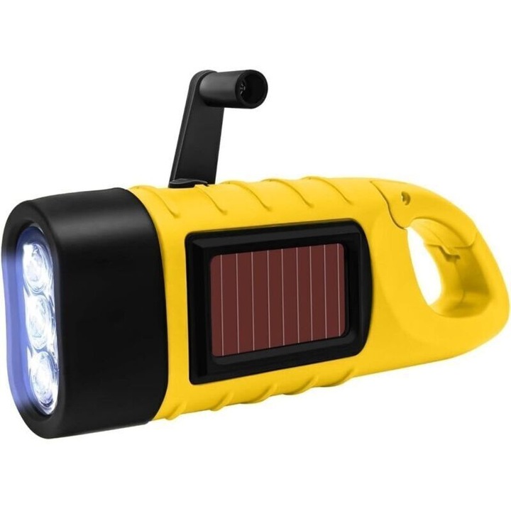 Lanterna solara cu manivela, LED, rezistenta la apa, 13cm, negru