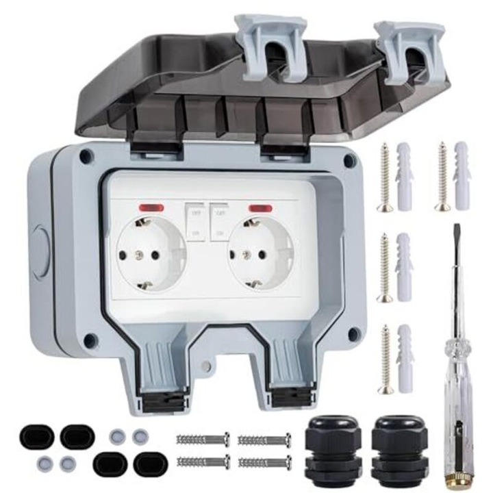 Priza/soclu exterior montaj superficial IP66, cu 2 prize si contact de protectie, cu intrerupator independent si indicator, capac cu ochi pentru lacat, rezistenta la intemperii, Gri, 16 A/250 V