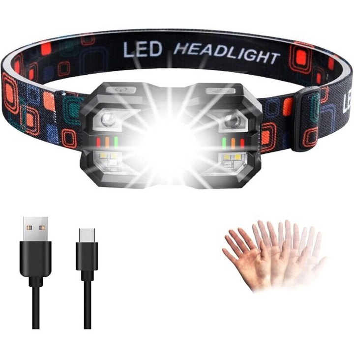 Акумулаторен челник, лампа за глава със сензор и LED 5W XPG, обхват 100 м, батерия 1200mAh USB-C, IPX5 водоустойчивост, многоцветен, 1 бр