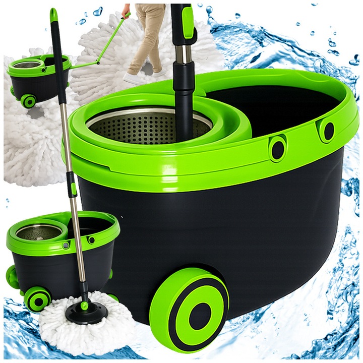 Set mop rotativ cu galeata Generic, sistem spin, 2 lavete microfibra, maner telescopic 97-132 cm, 48 x 30 x 32 cm, Plastic, Negru/Verde