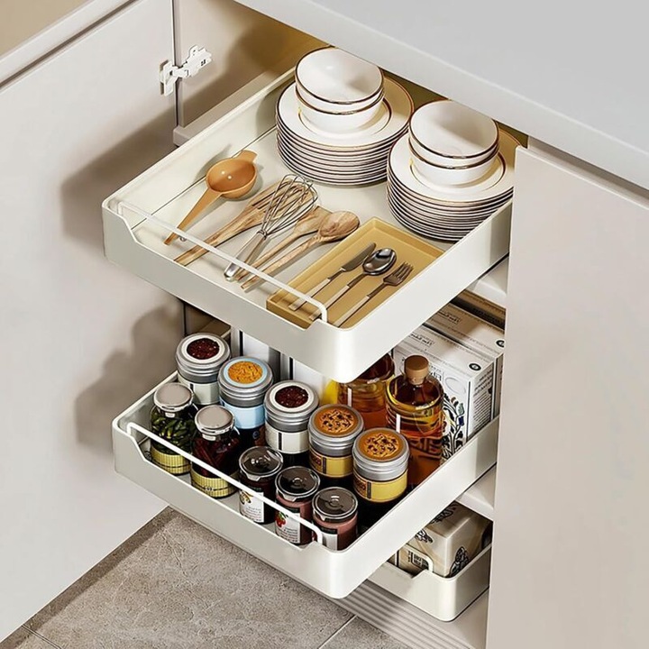 Sertar extractibil organizator pentru dulap M (43 x 25 x 7 cm), instalare fara gaurire, glisiera fluida si silentioasa, bej, 1 buc