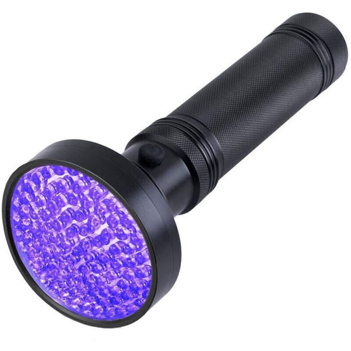 UV fekete fényű lámpa 100 LED, alumínium test, hordozható, 6 x AA elemmel működik, Fekete, 1 db