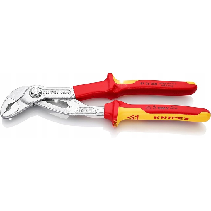 Knipex Cobra állítható csőfogó, szigetelt 1000 V (VDE), önzáró, gyors beállítás 24 pozícióban, króm-vanádium acél, 250 mm, piros-sárga
