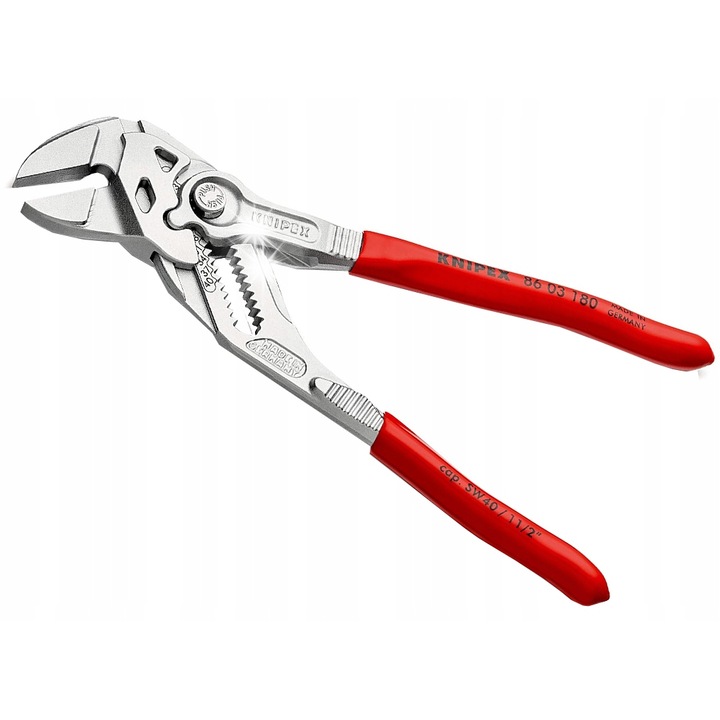 Knipex 86 03 180 2 az 1-ben állítható fogó/kulcs, sima pofák kényes szerelvényekhez, biztonságos reteszelés és 13 beállítási pozíció, piros, 180 mm