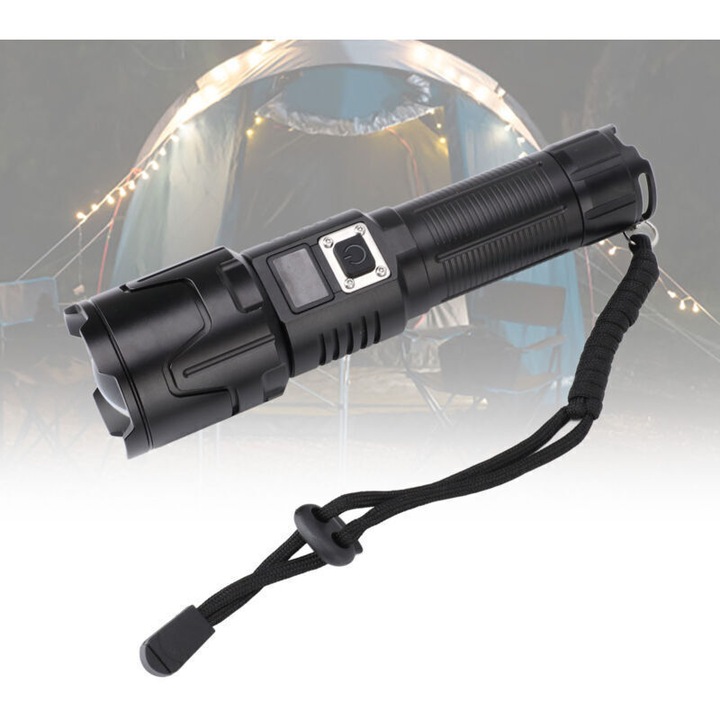 LED фенер 1300 LM, телескопичен зуум, презареждаем USB с LCD екран, IPX4, черен, 1 бр.