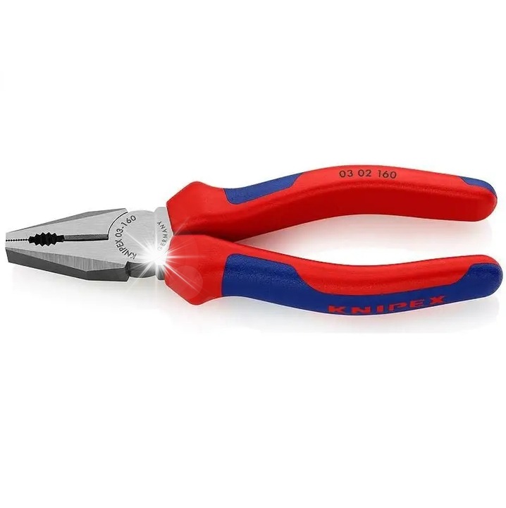 Kombinált fogó Knipex K03 02 160, 160 mm, kétkomponensű ergonomikus markolattal, keményhuzal vágás O2,2 mm, Piros/Kék, 1 db