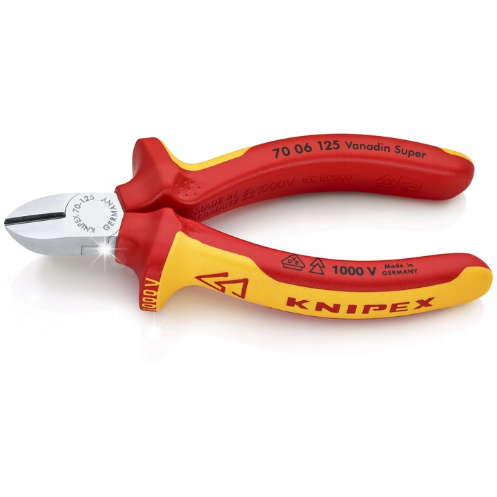 Oldalcsípő fogó Knipex 70 06 125, VDE 1000V szigetelt, vanádium acélból és edzett élekkel, piros/sárga, 125 mm