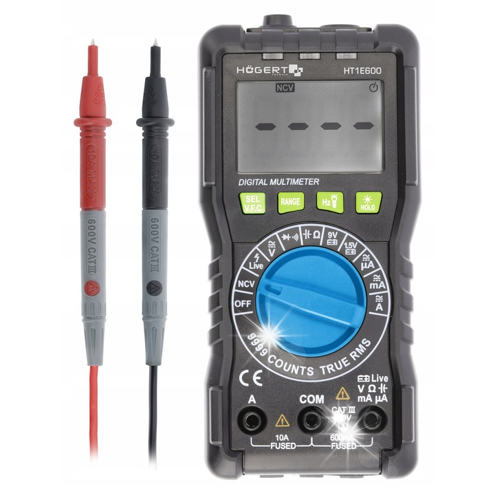Multimetru digital Hoegert HT1E600, True RMS, negru, compact