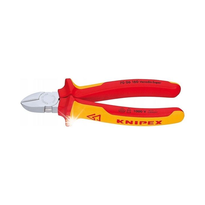 Knipex 70 06 160 szigetelt oldalcsípőfogó, IEC 60900 szigetelésű, 1000 V-on tesztelt, edzett vanádium acél 62 HRC, kétkomponensű markolat, piros/sárga, 160 mm