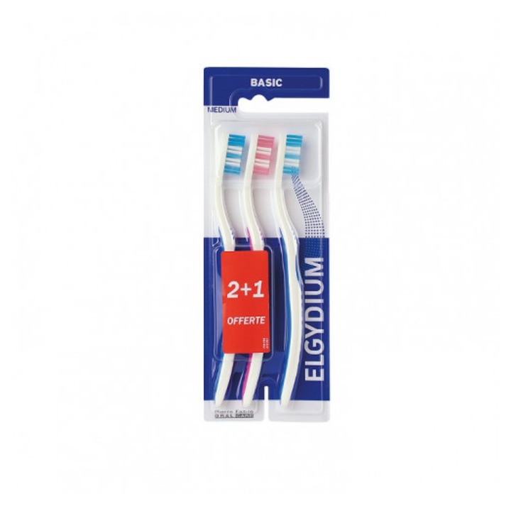 Комплект четки за зъби Elgydium 2+1 basic medium Средна твърдост
