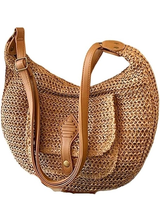 Geanta de Plaja din Paie Impletita, Geanta Tote Umar Boema pentru Femei, Capacitate Mare, Material Natural, Usoara, Rezistenta si Versatila, Ideala pentru Vacanta la Malul Marii, Naveta Zilnica, Cumparaturi, Plimbari de Vara, Picnic, Geanta Casual