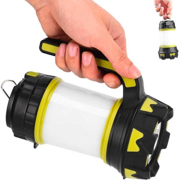 Lanterna LED de camping SMD 2W+1W, 6 moduri de iluminare, incarcare USB 5V 1A cu cablu 60cm, 2 baterii 1800mAh incluse, raza pana la 100 m, Multicolor, 1 buc