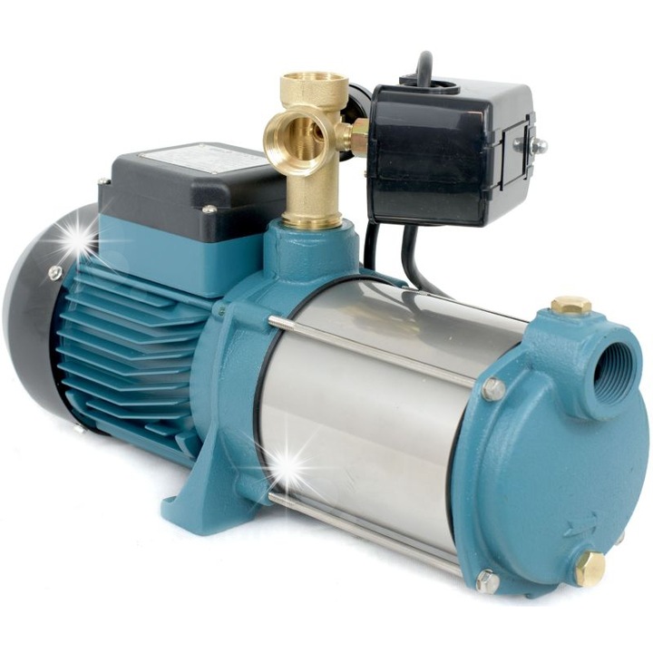 Pompa hidrofor IBO MH 1300, multietajata, autoaspiranta cu sistem Venturi, echipament hidrofor (manometru, presostat), 1300W, 100 l/min, 55 m, inox/albastru