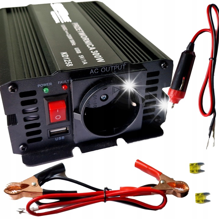 Autó inverter 12V-ról 230V-ra Kraft&Dele KD1258, 300W folyamatos/600W impulzus, módosított szinusz, USB 5V 1A, Fekete, 1 db