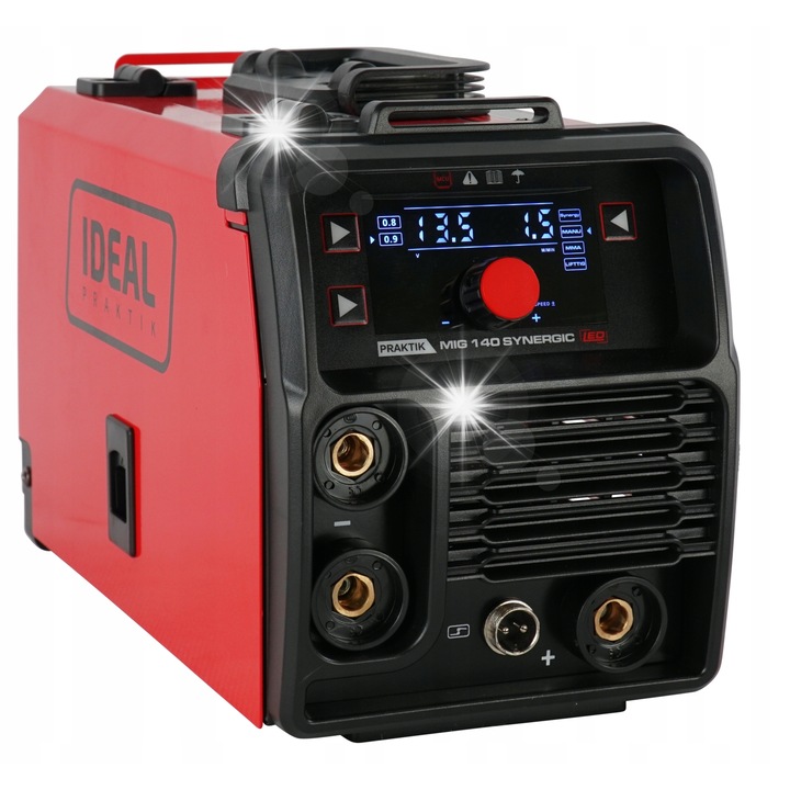 Aparat de sudura (migomat) IDEAL Praktik MIG 140 Synergic LED, MIG No Gas (FLUX) / MMA / TIG Lift, Invertor IGBT, 140A 230V, Rosu