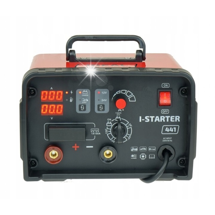 Incarcator invertor/redresor IDEAL I-STARTER 441, cu functie de pornire, pentru acumulatori 12/24V, incarcare 40A si demaraj 400A, rosu/negru, 4 kg
