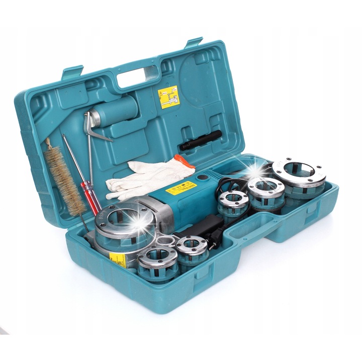 Kraft&Dele EC592 elektromos menetvágó gép, 6 darabos menetfúró készlet 20,9-59,6 mm (1/2-2), 1800W, 230V, öntöttvas ház, bőrönddel, türkiz, csövekhez