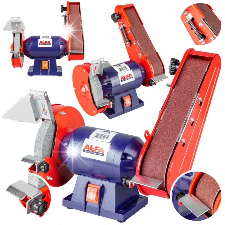 Padlóra szerelhető csiszológép tárcsával és szalaggal Import Export ALBG18B, teljesítmény 1850W, tárcsa 150x20x12,7mm és szalag 50x686mm, kék/piros