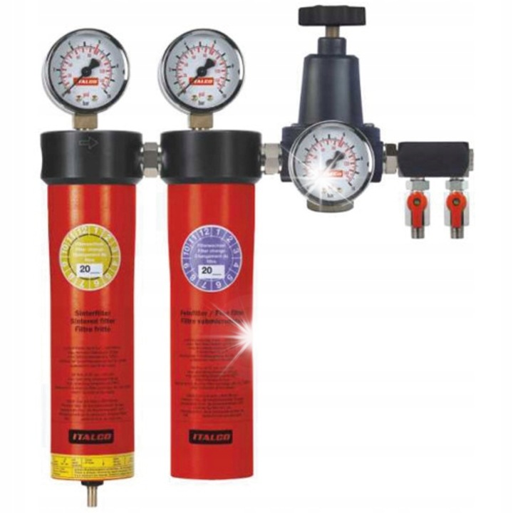 Bloc pregatire aer comprimat Italco AC-6002, filtru in doua trepte, cu regulator presiune si manometru, debit 2300 l/min, filtrare 0,01 µm, carcasa aluminiu, rosu