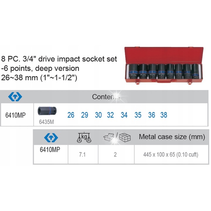 Set tubulare impact King Tony 6410MP, 3/4" 6-puncte, lungi, 26-38 mm, rosu, 8 piese