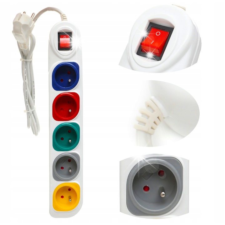 Prelungitor electric Kraft&Dele KD4009, lista de alimentare, 5 prize, cablu 3 m, intrerupator iluminat, protectie la suprasarcina, protectie pentru copii, impamantare, alb