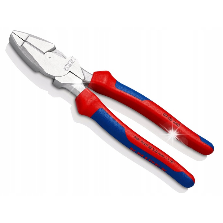 Knipex 09 05 240 kombinált fogó/univerzális fogó, megnövelt áttétellel vágáshoz, edzett vágóélek 64 HRC, piros/kék, 240mm