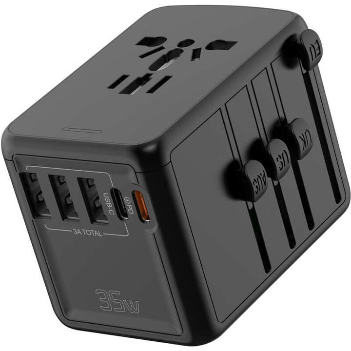Adaptor universal de calatorie, 3 USB-A, 2 USB-C, multicolor, compact