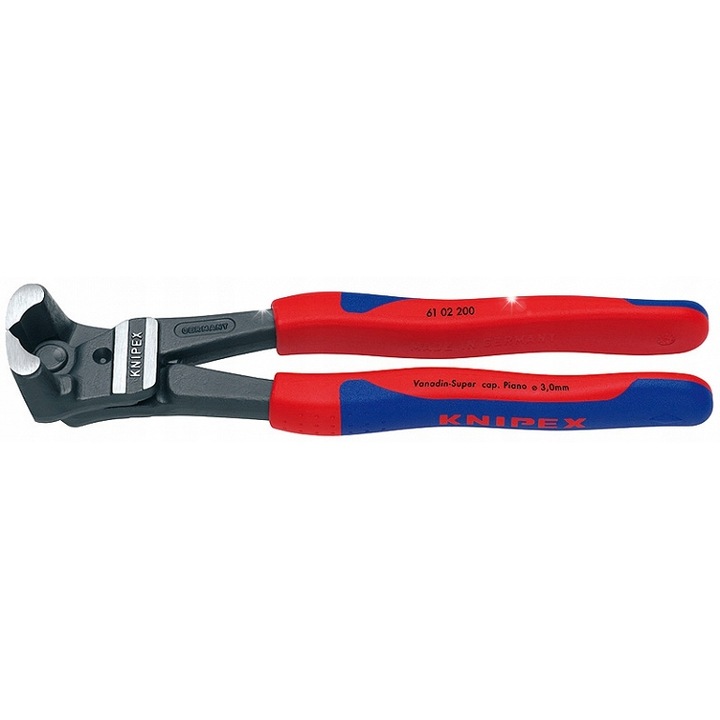 Knipex 61 02 200 homlokcsípő fogó, nagy áttétellel és edzett vanádium acélból, zongorahuzalhoz és dróthoz, piros/kék, 200 mm