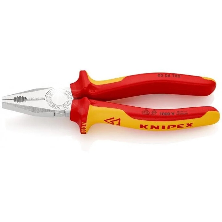 Knipex VDE 1000V univerzális fogó, VDE szigetelt markolat, huzalvágás O3,4/O2,2 mm és kábel O12 mm (16 mm²), piros/sárga, 180 mm
