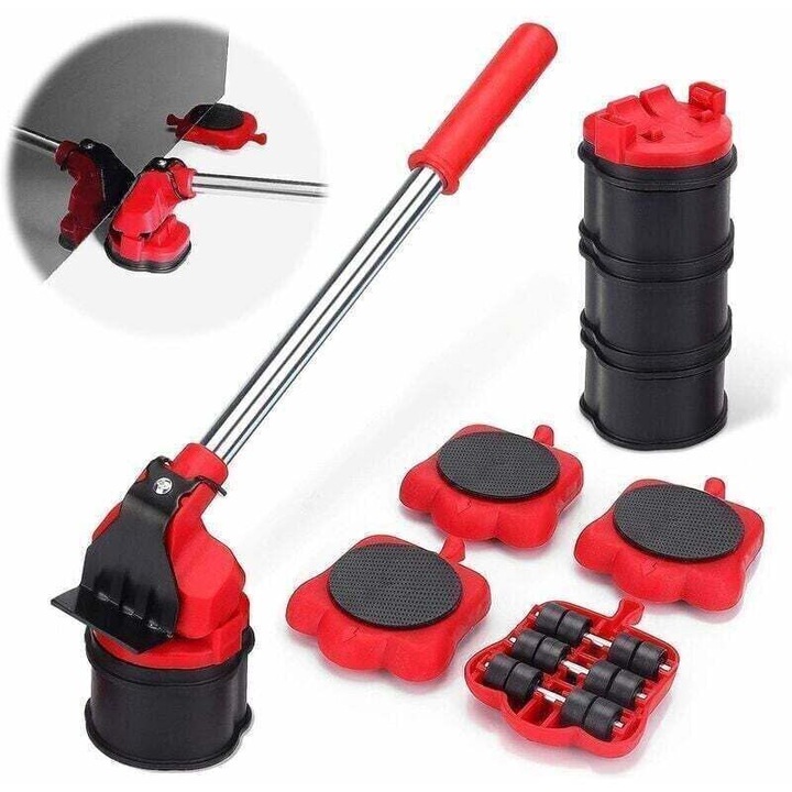 Set pentru mutat mobila, dispozitiv de ridicare si transport mobilier cu levier, 4 pad-uri de ridicare si 4 role, ridica pana la 2 in (5 cm), rosu, 1 set