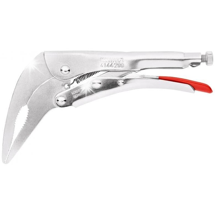 Knipex 41 44 200 rögzítőfogó, hosszú, keskeny pofákkal a nehezen hozzáférhető helyekhez, állítható csavarral és kioldókarral, horganyzott, 200 mm