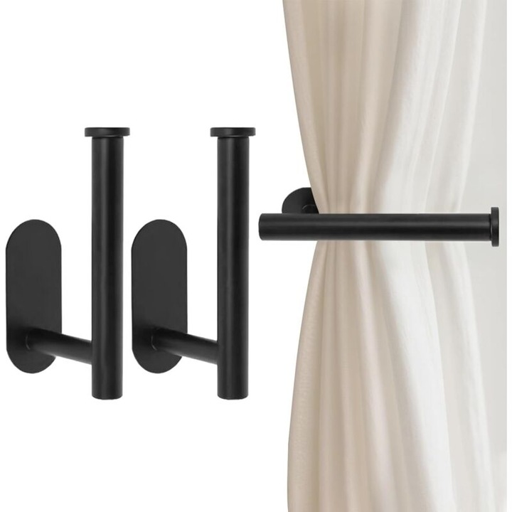Set 2 carlige metalice pentru draperii, suporturi autoadezive din otel inoxidabil 304, fara gaurire, 16x10 cm, Negru