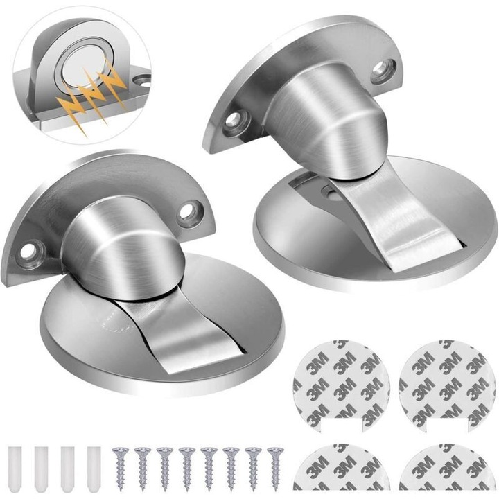 Set 2 opritori de usa magnetic, otel inoxidabil 304, cu magnet puternic, invizibil, fara gaurire (adhesiv) sau montaj cu suruburi, nichel periat