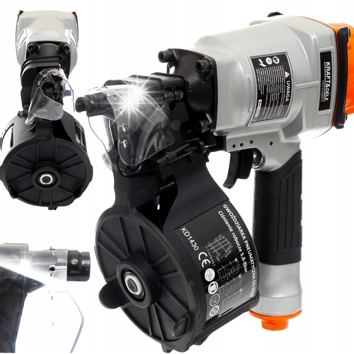 Kraft&Dele KD1430 pneumatikus szögbelövő pisztoly, 300-350 db-os dobmagazin, 25-57 mm-es szögekhez (O 2,1-2,3 mm), magnéziumötvözet test, ezüst/fekete, 1 db